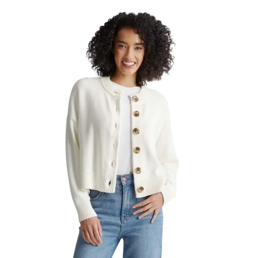 EUC Quince Women's XS Organic Cotton Cropped Cardigan Ivory Preppy Retro Boho